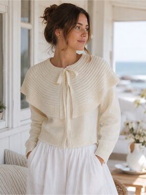 Jessica Simpson Cream Cape Collar Tie Front Knit Cardigan |M|NWT Coastal Grandma